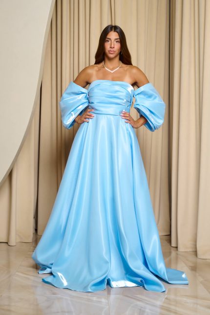 Φόρεμα maxi ταφτάς γυαλιστερός με balloon μανίκια baby blue