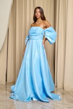 Φόρεμα maxi ταφτάς γυαλιστερός με balloon μανίκια baby blue - Image 7