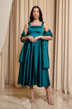 Φόρεμα midi σατέν με τιράντες κυπαρισσί - Image 2