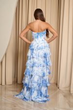 Φόρεμα maxi μπλε floral με τούλι και διαδοχικά βολάν λευκό