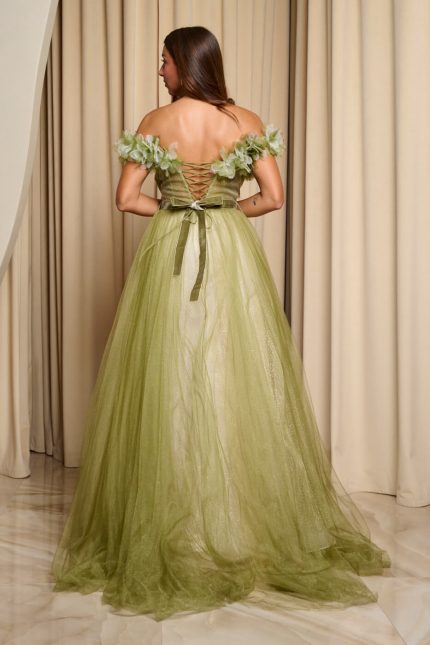 Φόρεμα maxi off shoulder με τούλι και τρισδιάστατο γκλίτερ λαδί