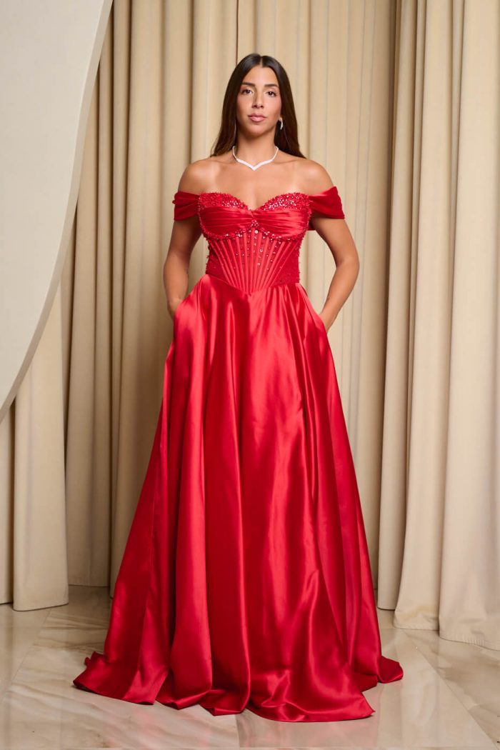 Φόρεμα maxi σατεν off shoulder με κορσέ κόκκινο