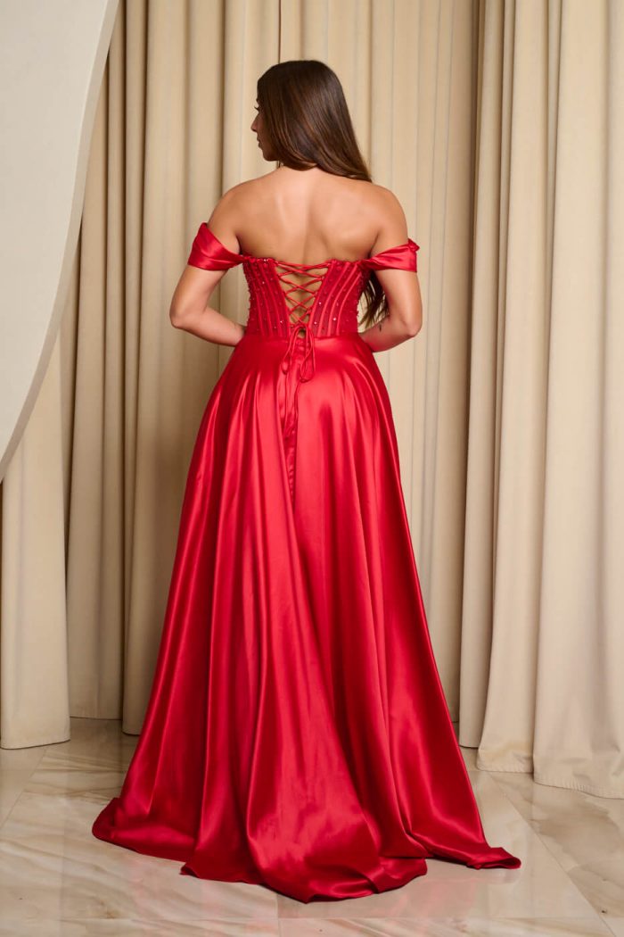 Φόρεμα maxi σατεν off shoulder με κορσέ κόκκινο