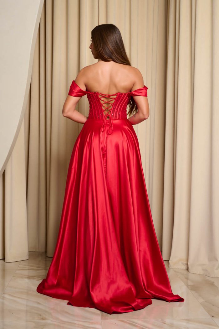 Φόρεμα maxi σατεν off shoulder με κορσέ κόκκινο