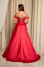 Φόρεμα maxi σατεν off shoulder με κορσέ κόκκινο