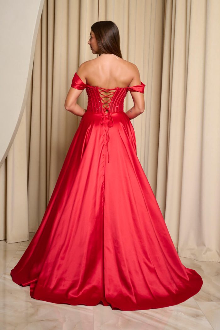 Φόρεμα maxi σατεν off shoulder με κορσέ κόκκινο