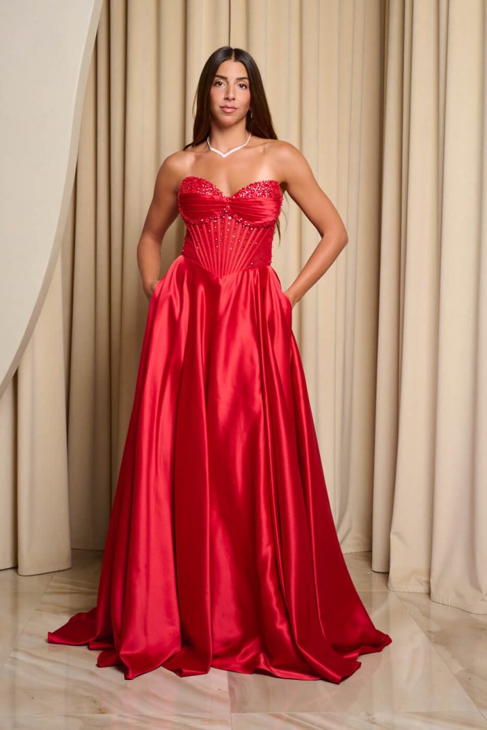 Φόρεμα maxi σατεν off shoulder με κορσέ κόκκινο