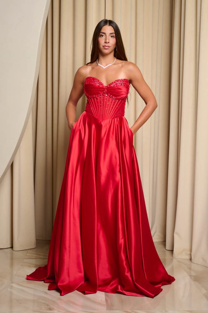 Φόρεμα maxi σατεν off shoulder με κορσέ κόκκινο