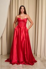 Φόρεμα maxi σατεν off shoulder με κορσέ κόκκινο