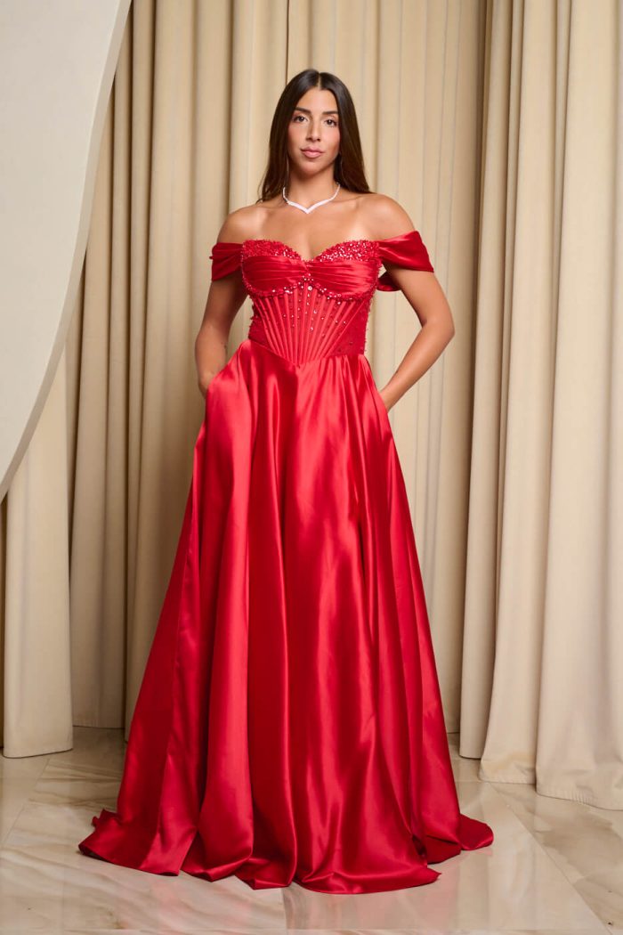 Φόρεμα maxi σατεν off shoulder με κορσέ κόκκινο