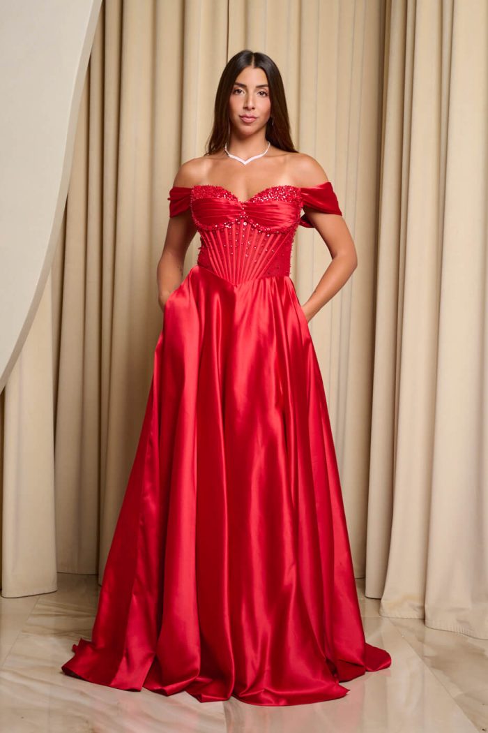 Φόρεμα maxi σατεν off shoulder με κορσέ κόκκινο
