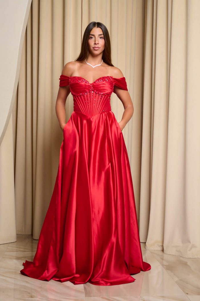 Φόρεμα maxi σατεν off shoulder με κορσέ κόκκινο
