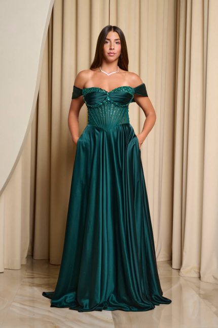 Φόρεμα maxi σατεν off shoulder με κορσέ κυπαρισσί