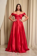 Φόρεμα maxi σατεν off shoulder με κορσέ κόκκινο