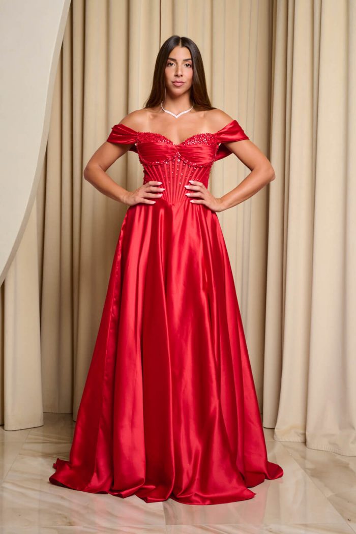 Φόρεμα maxi σατεν off shoulder με κορσέ κόκκινο