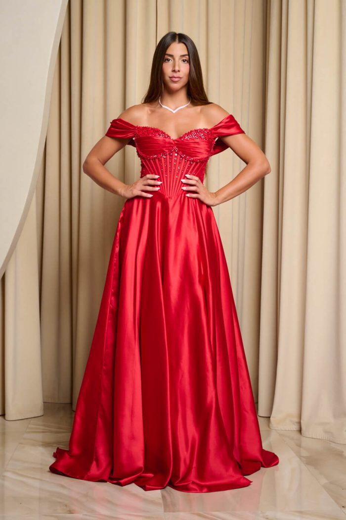 Φόρεμα maxi σατεν off shoulder με κορσέ κόκκινο