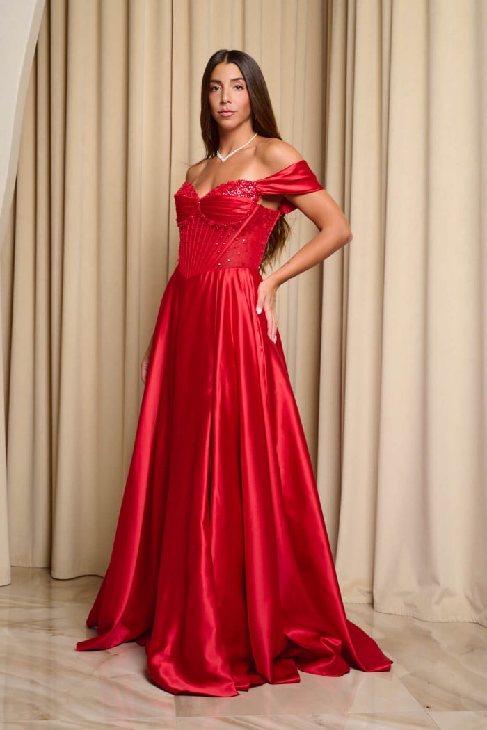 Φόρεμα maxi σατεν off shoulder με κορσέ κόκκινο