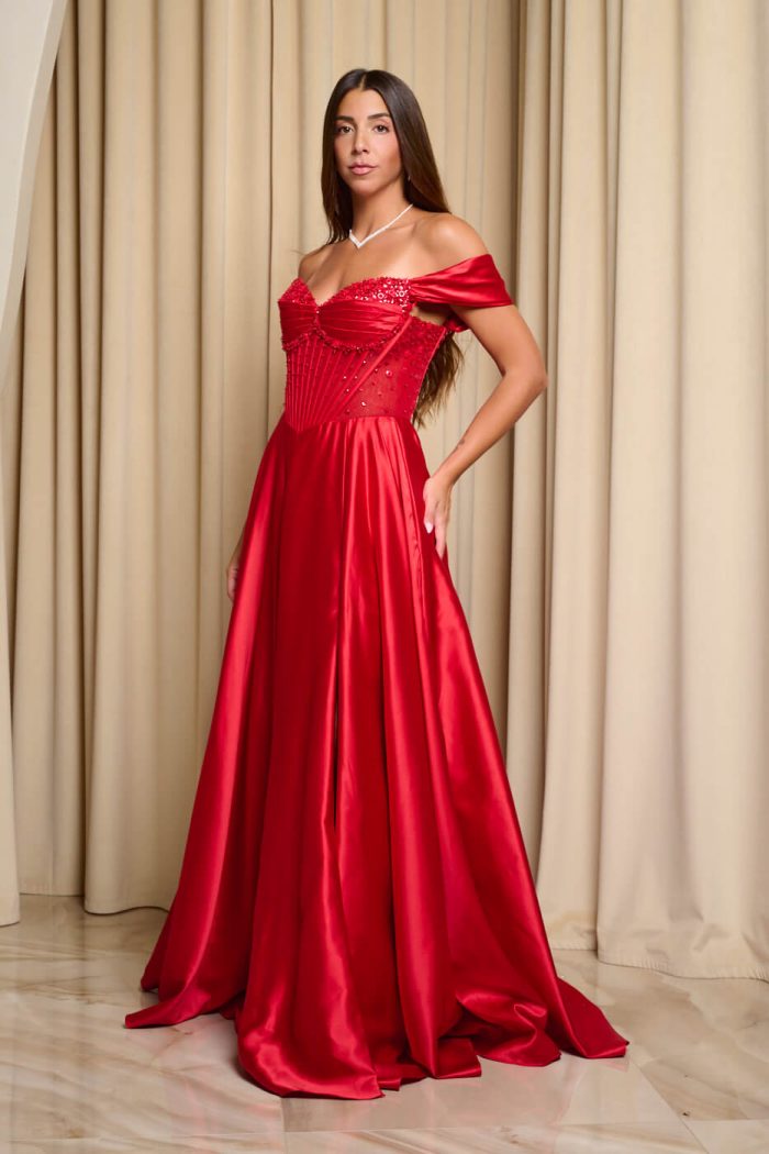 Φόρεμα maxi σατεν off shoulder με κορσέ κόκκινο