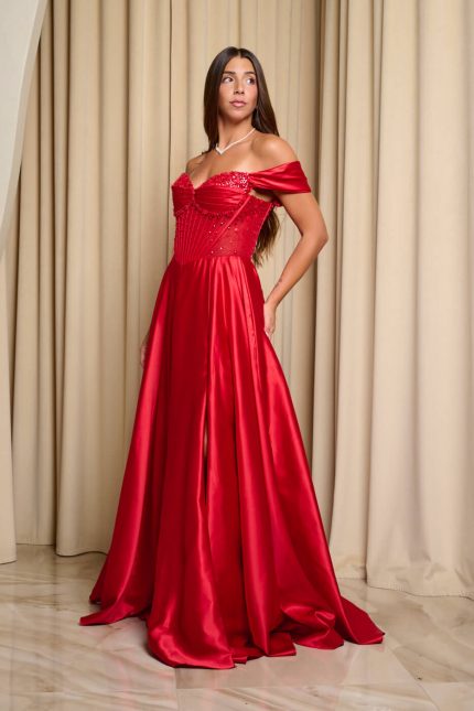 Φόρεμα maxi σατεν off shoulder με κορσέ κόκκινο