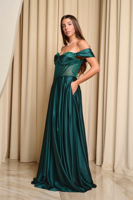 Φόρεμα maxi σατεν off shoulder με κορσέ κυπαρισσί