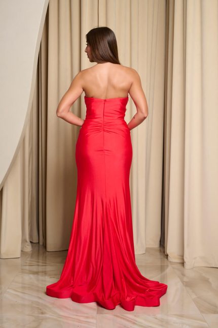 Φόρεμα maxi στραπλες γοργονέ με ουρά κόκκινο