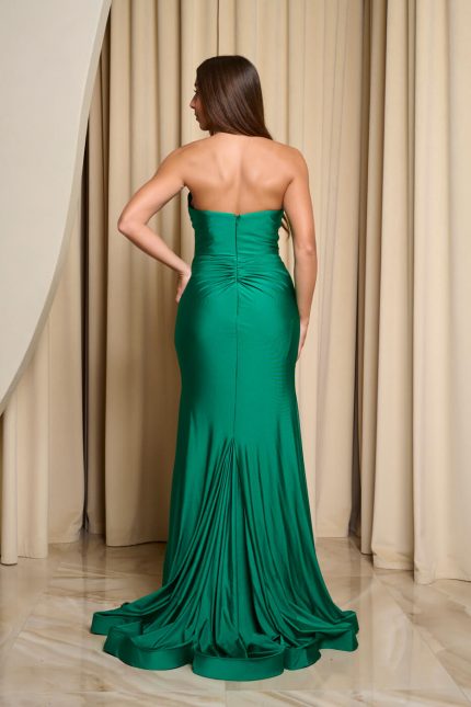 Φόρεμα maxi στραπλες γοργονέ με ουρά πράσινο