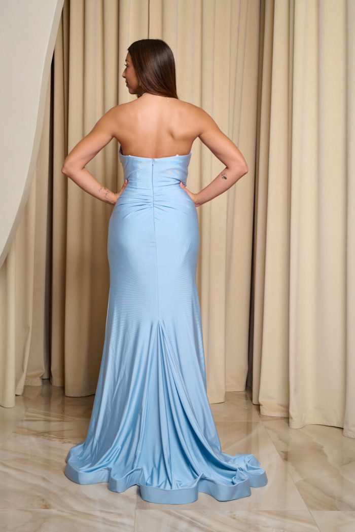 Φόρεμα maxi στραπλες γοργονέ με ουρά baby blue