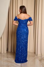 Φόρεμα maxi off shoulder με παγιέτες και ντραπέ μπούστο μπλε ρουά