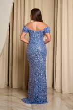 Φόρεμα maxi off shoulder με παγιέτες και ντραπέ μπούστο dusty blue