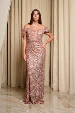 Φόρεμα maxi off shoulder με παγιέτες και ντραπέ μπούστο rose gold