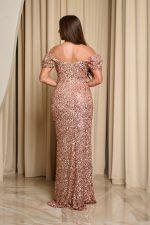 Φόρεμα maxi off shoulder με παγιέτες και ντραπέ μπούστο rose gold