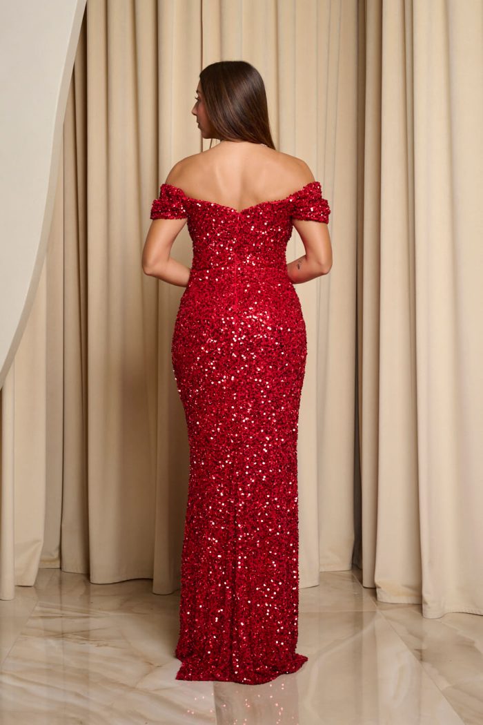 Φόρεμα maxi off shoulder με παγιέτες και ντραπέ μπούστο κόκκινο