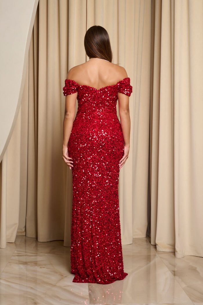 Φόρεμα maxi off shoulder με παγιέτες και ντραπέ μπούστο κόκκινο