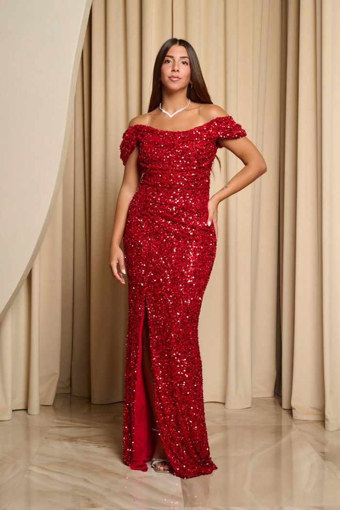 Φόρεμα maxi off shoulder με παγιέτες και ντραπέ μπούστο κόκκινο