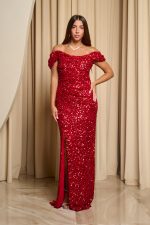 Φόρεμα maxi off shoulder με παγιέτες και ντραπέ μπούστο κόκκινο