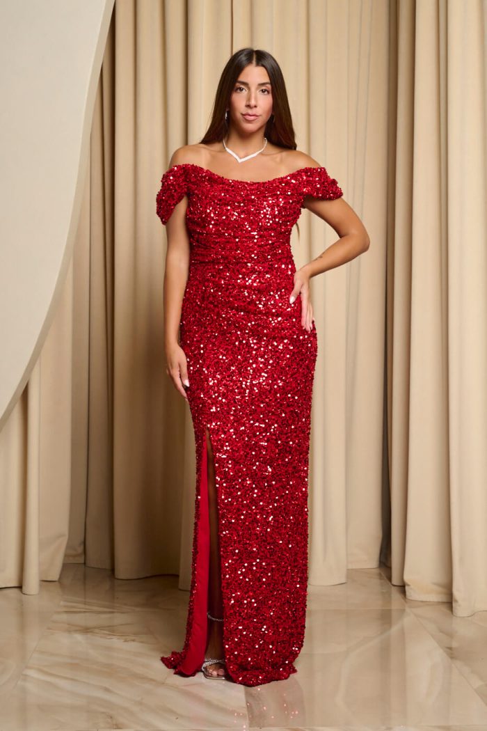 Φόρεμα maxi off shoulder με παγιέτες και ντραπέ μπούστο κόκκινο