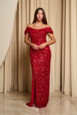 Φόρεμα maxi off shoulder με παγιέτες και ντραπέ μπούστο κόκκινο