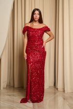 Φόρεμα maxi off shoulder με παγιέτες και ντραπέ μπούστο κόκκινο