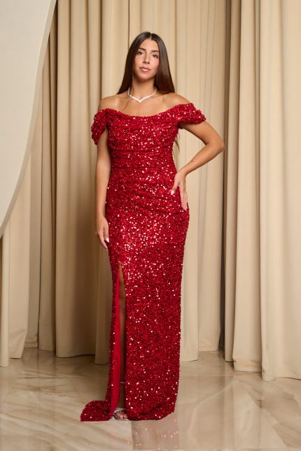 Φόρεμα maxi off shoulder με παγιέτες και ντραπέ μπούστο κόκκινο