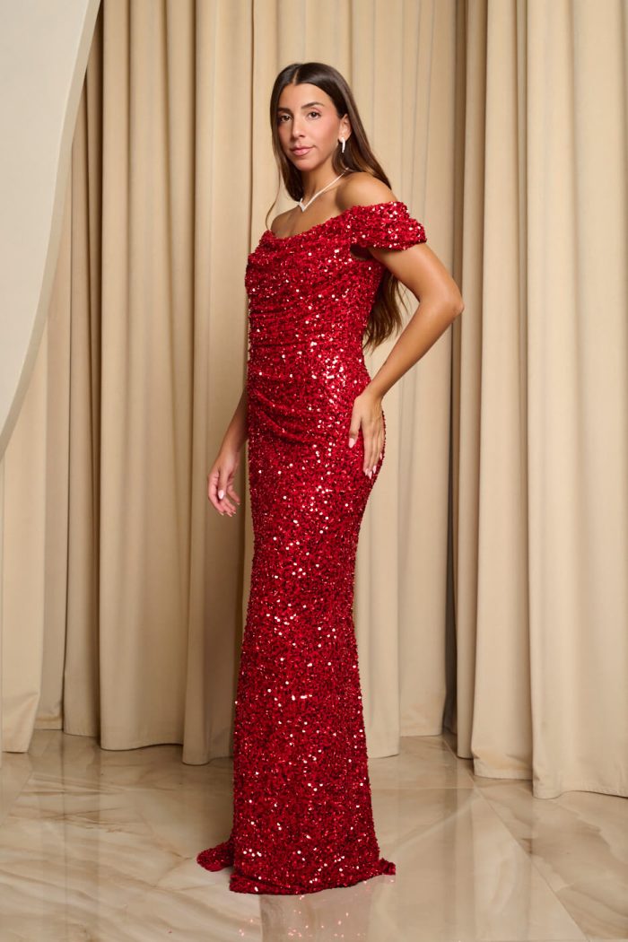 Φόρεμα maxi off shoulder με παγιέτες και ντραπέ μπούστο κόκκινο