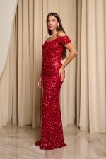 Φόρεμα maxi off shoulder με παγιέτες και ντραπέ μπούστο κόκκινο