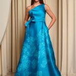 Φόρεμα maxi κρεπ σατέν one shoulder με floral print βεραμάν