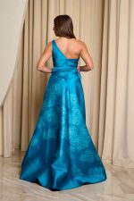 Φόρεμα maxi κρεπ σατέν one shoulder με floral print βεραμάν