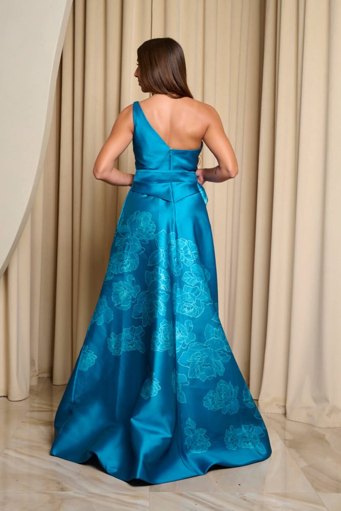 Φόρεμα maxi κρεπ σατέν one shoulder με floral print βεραμάν