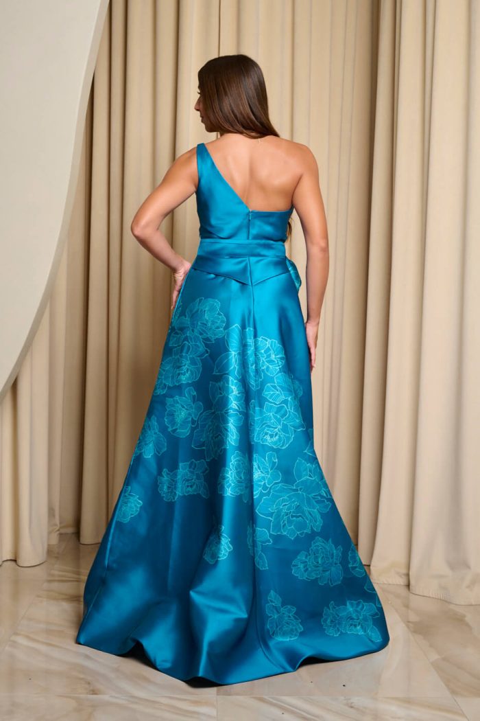 Φόρεμα maxi κρεπ σατέν one shoulder με floral print βεραμάν