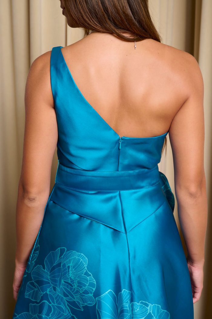 Φόρεμα maxi κρεπ σατέν one shoulder με floral print βεραμάν