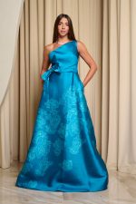 Φόρεμα maxi κρεπ σατέν one shoulder με floral print βεραμάν