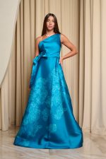 Φόρεμα maxi κρεπ σατέν one shoulder με floral print βεραμάν