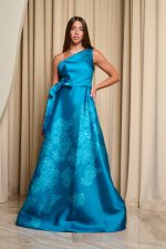 Φόρεμα maxi κρεπ σατέν one shoulder με floral print βεραμάν