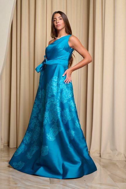 Φόρεμα maxi κρεπ σατέν one shoulder με floral print βεραμάν